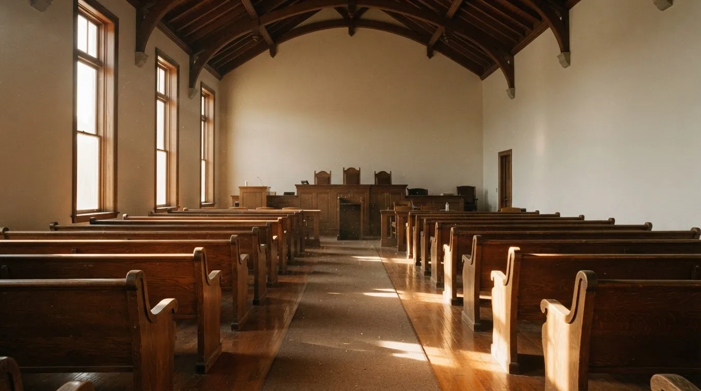 Een lege rechtszaal met houten banken in het ochtendlicht