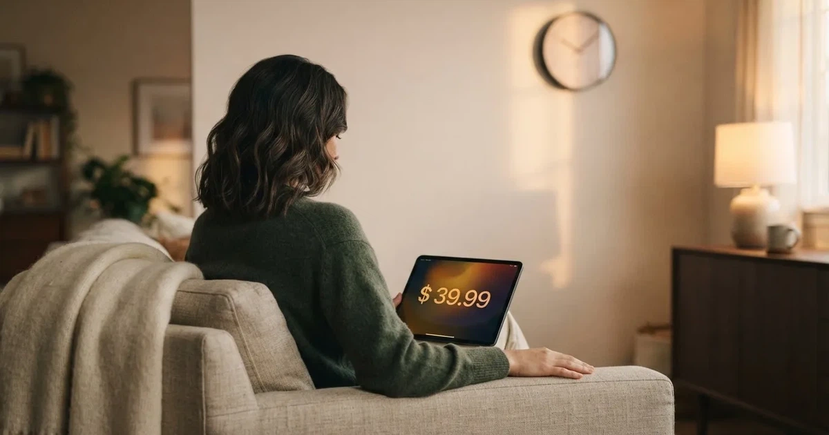 Een persoon op de bank kijkt peinzend naar een tablet, op de achtergrond een klok aan de muur