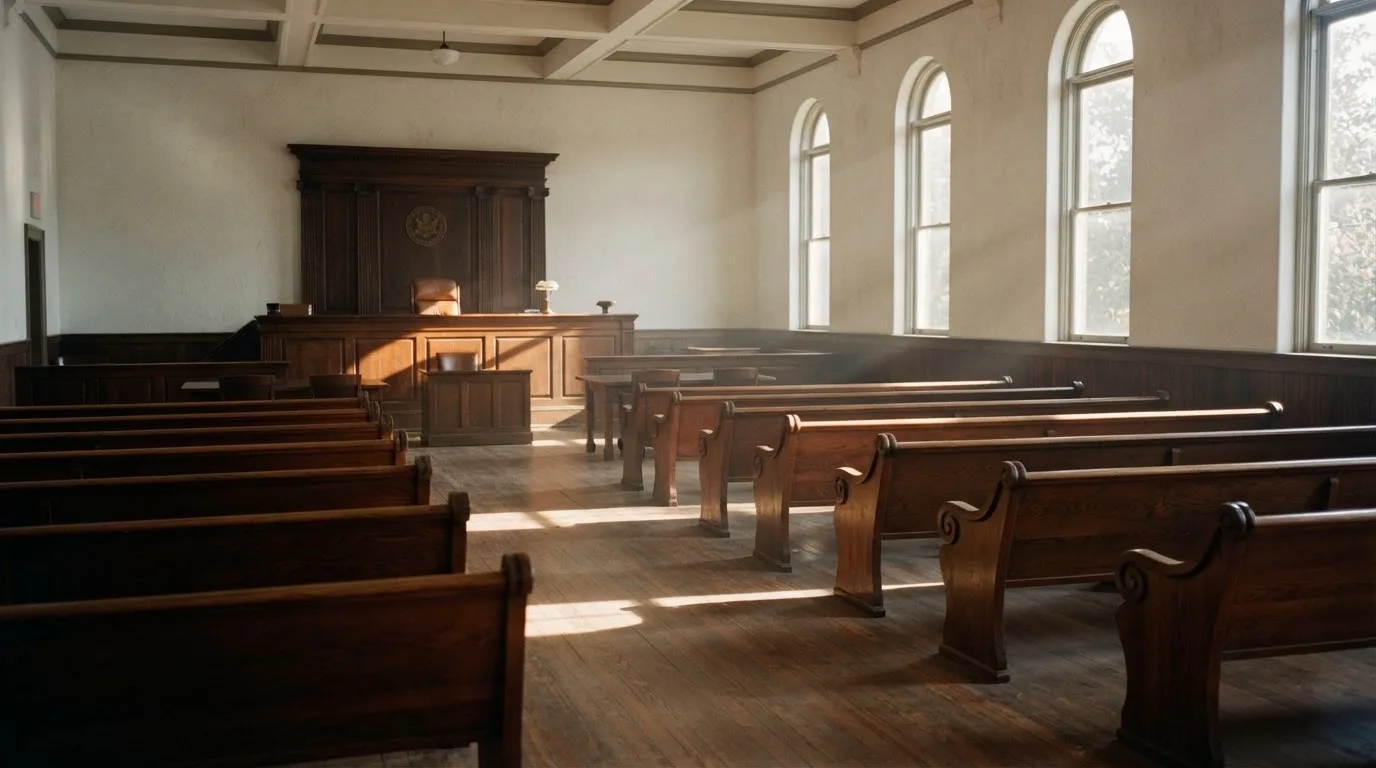 Een lege rechtszaal met houten banken in het ochtendlicht