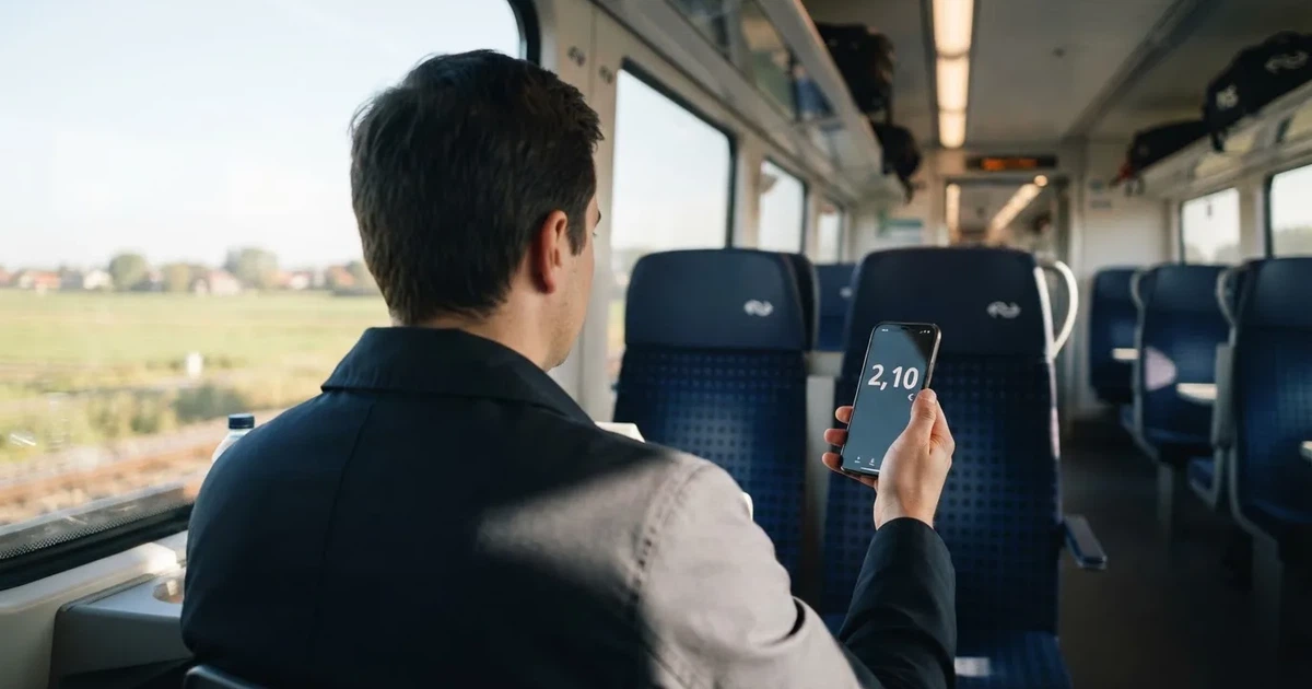 Een hand houdt een smartphone vast in de trein, het scherm van de camera afgewend
