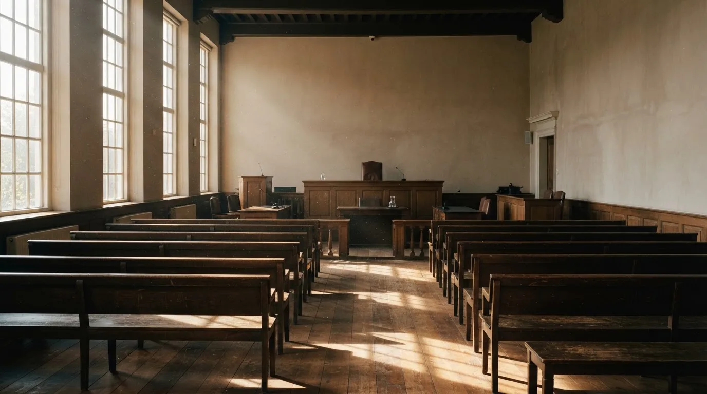 Een lege rechtszaal met houten banken in het ochtendlicht