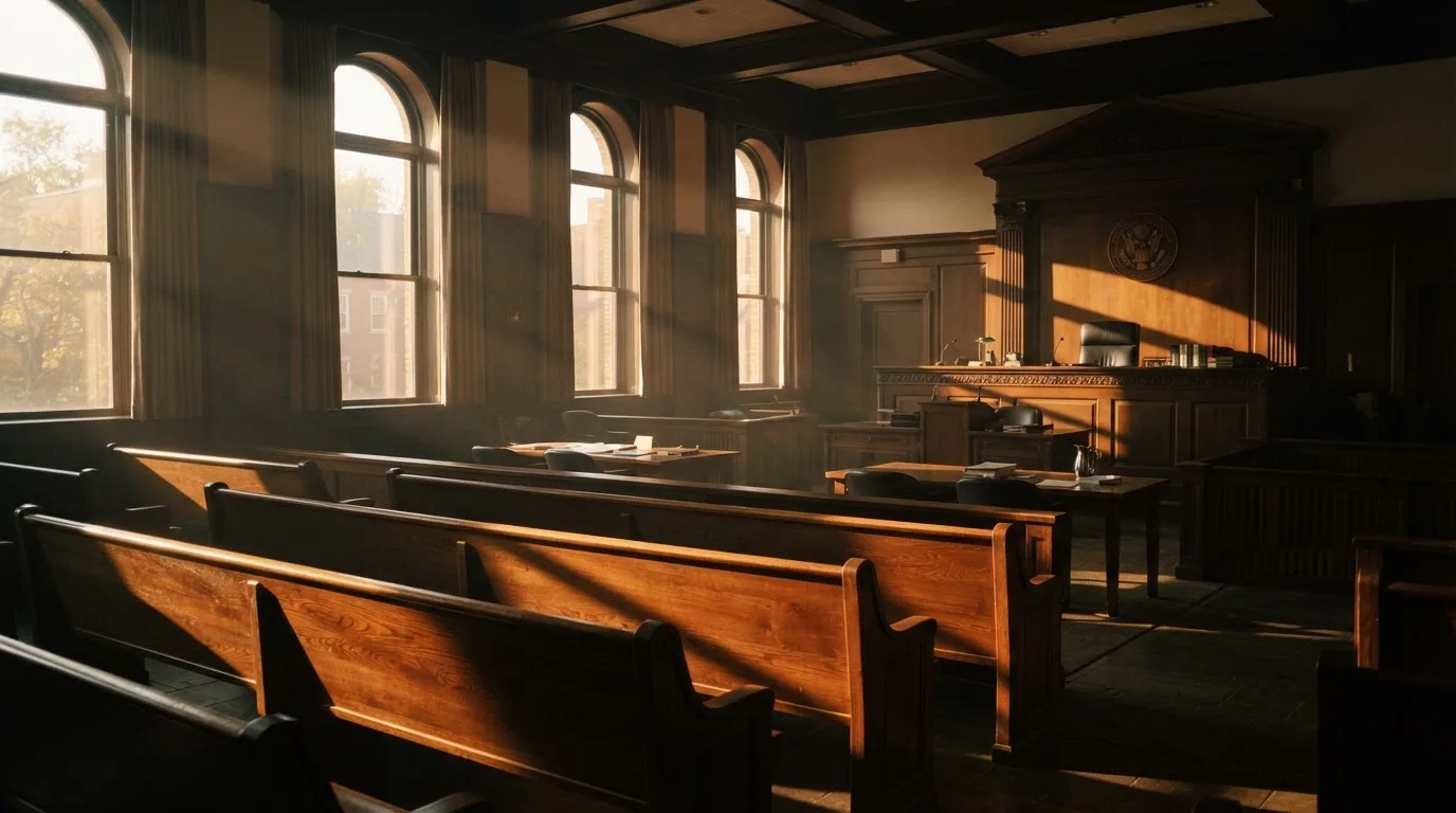 Een lege rechtszaal met houten banken in het ochtendlicht