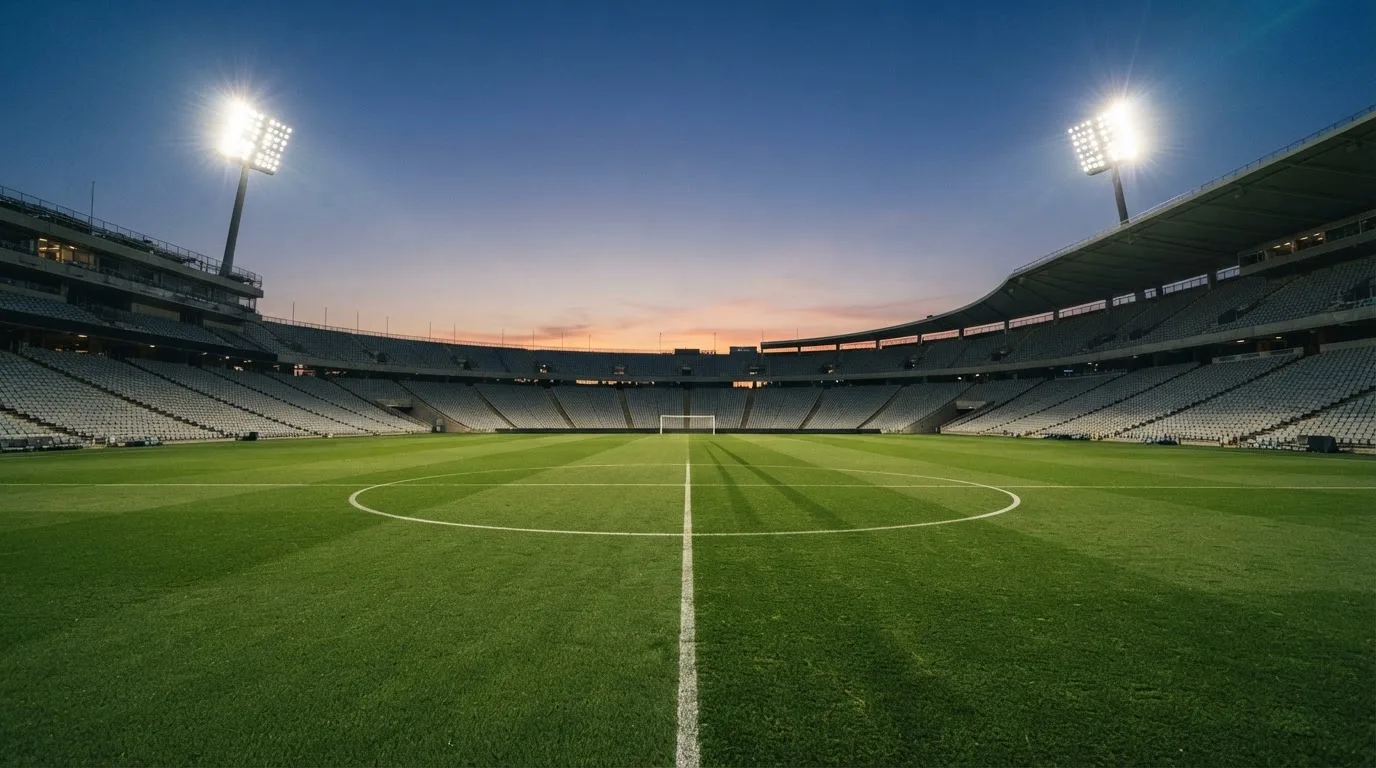 Een leeg voetbalstadion met lichtmasten bij schemering
