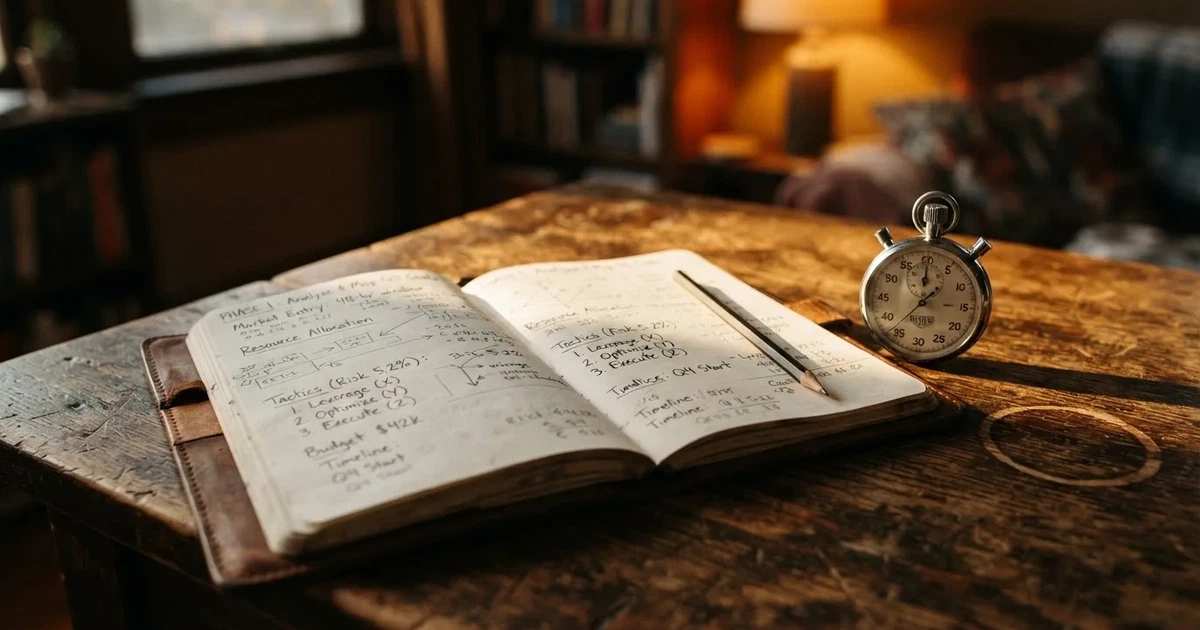 Een opengeslagen notitieboek met een potlood en een stopwatch op een houten tafel