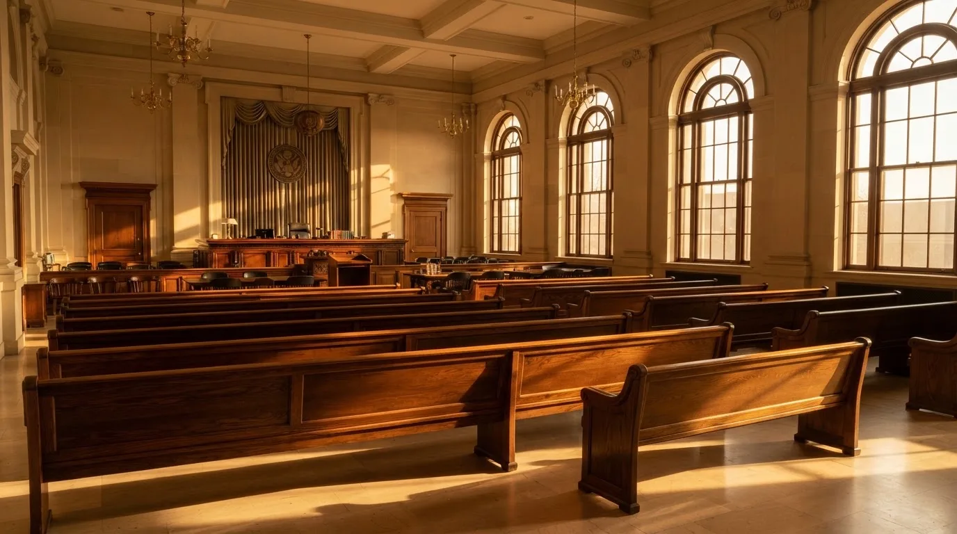 Een lege rechtszaal met houten banken in het ochtendlicht