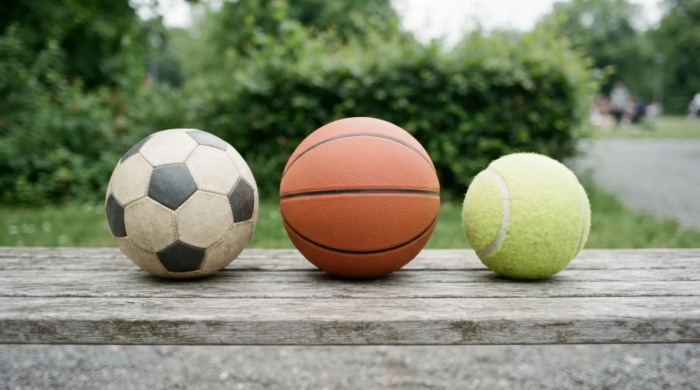 Drie ballen van verschillende soorten naast elkaar op een houten bank