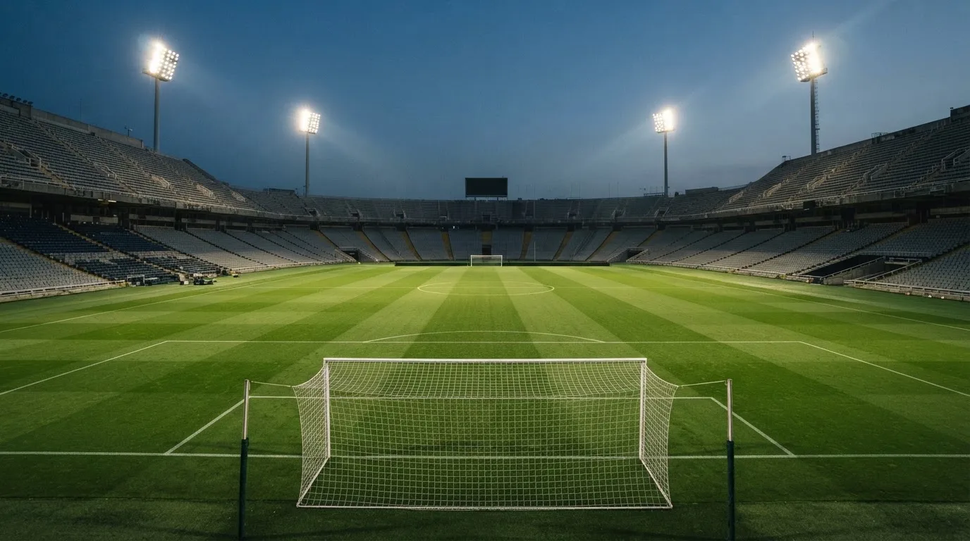 Een leeg voetbalstadion met lichtmasten bij schemering