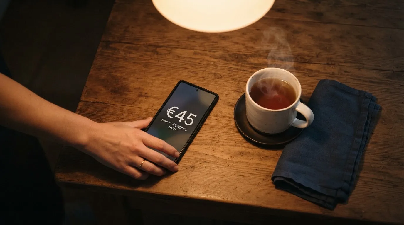 Een hand legt een smartphone naast een kopje thee op een keukentafel, een rustige avond