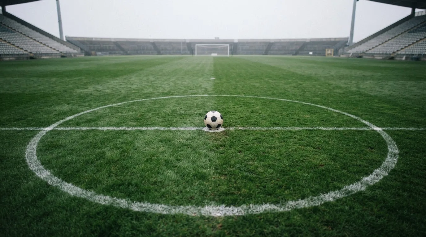 Een voetbal op de middenstip van een grasveld in het ochtendlicht