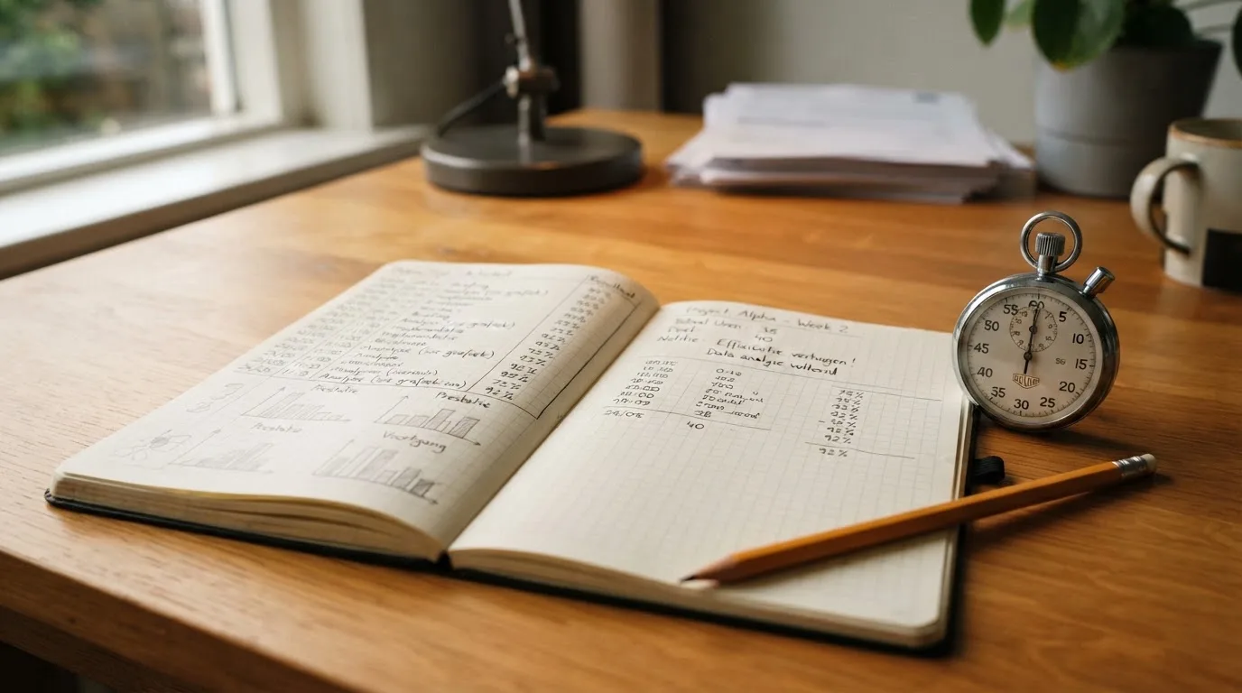 Een opengeslagen notitieboek met een potlood en een stopwatch op een houten tafel