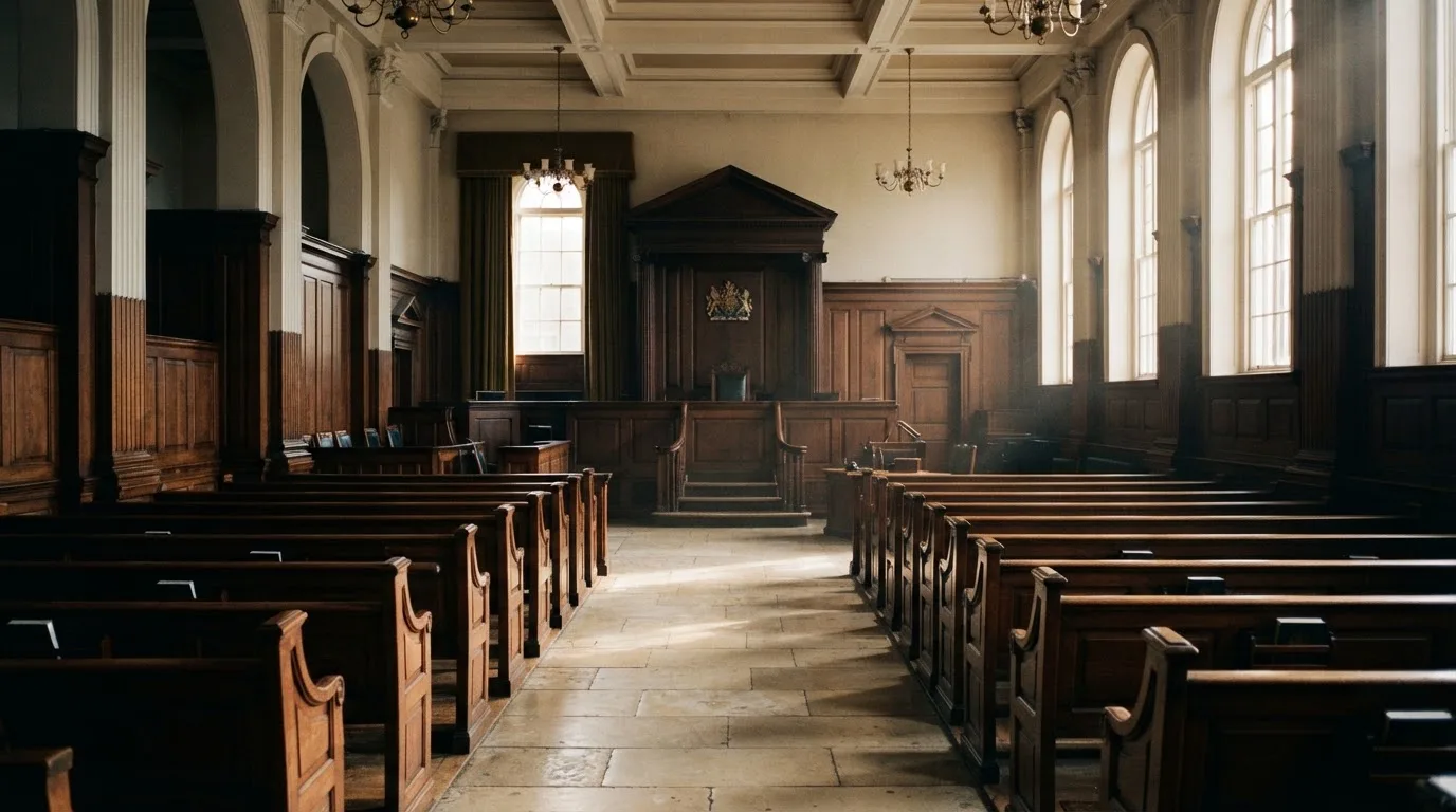 Een lege rechtszaal met houten banken in het ochtendlicht