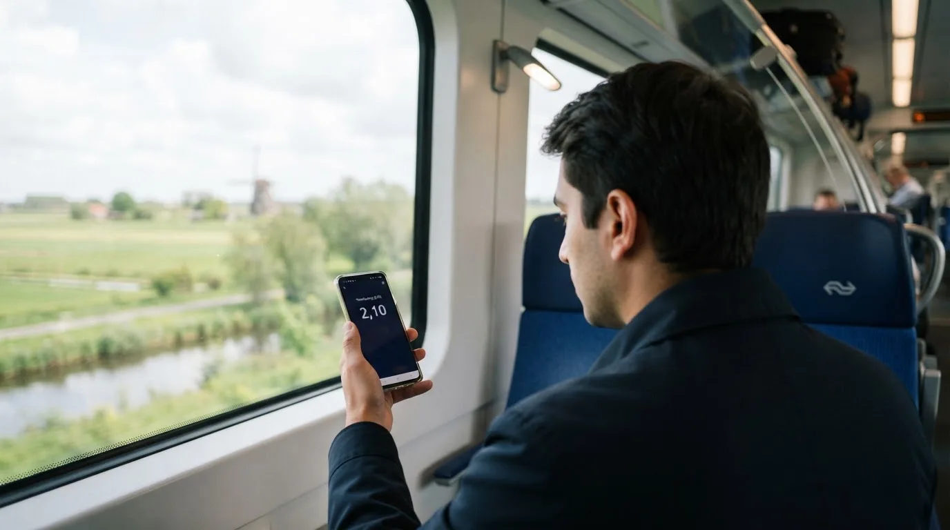 Een hand houdt een smartphone vast in de trein, het scherm van de camera afgewend