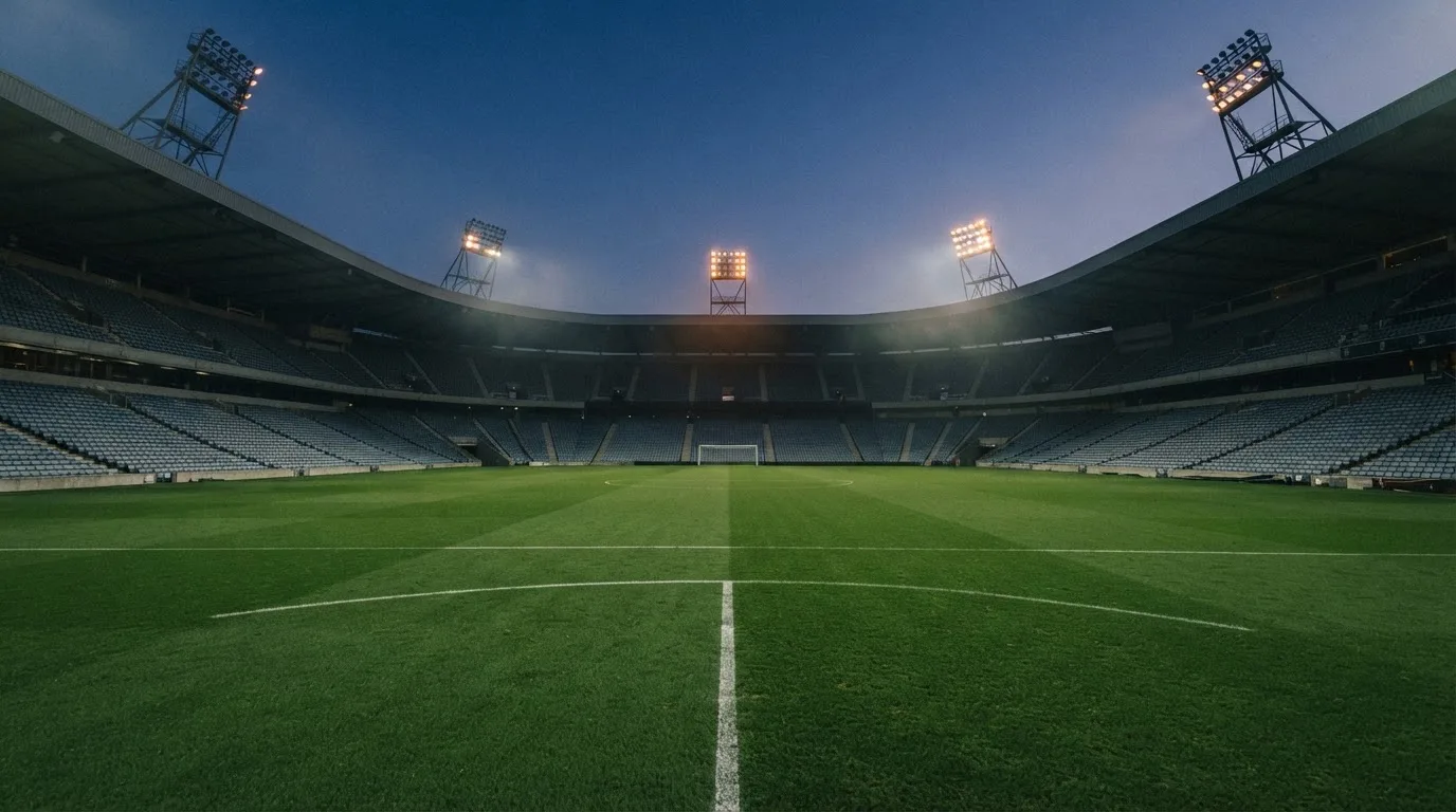 Een leeg voetbalstadion met lichtmasten bij schemering