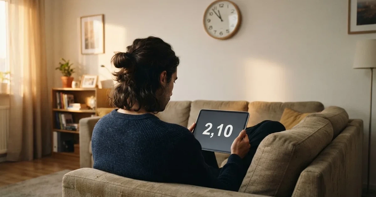 Een persoon op de bank kijkt peinzend naar een tablet, op de achtergrond een klok aan de muur