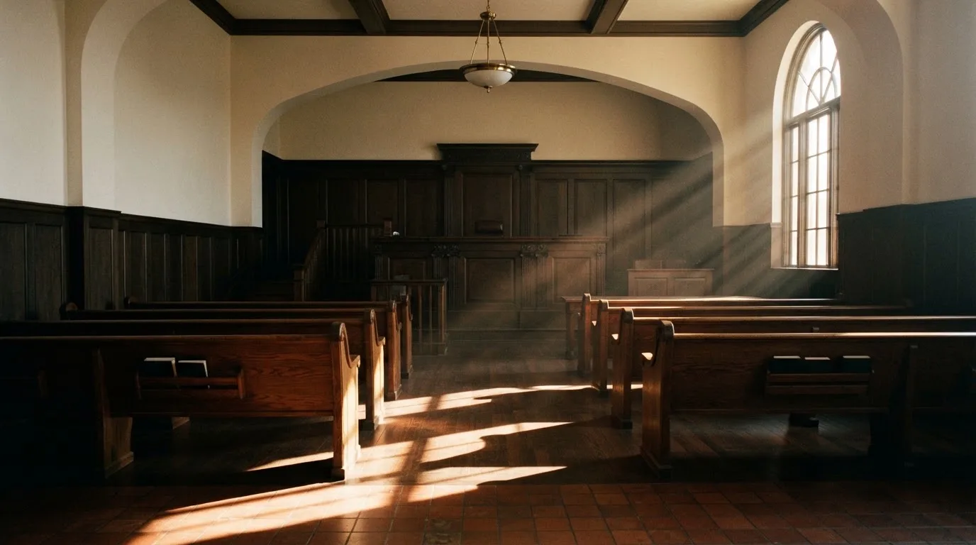 Een lege rechtszaal met houten banken in het ochtendlicht