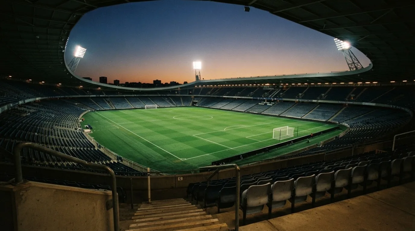 Een leeg voetbalstadion met lichtmasten bij schemering