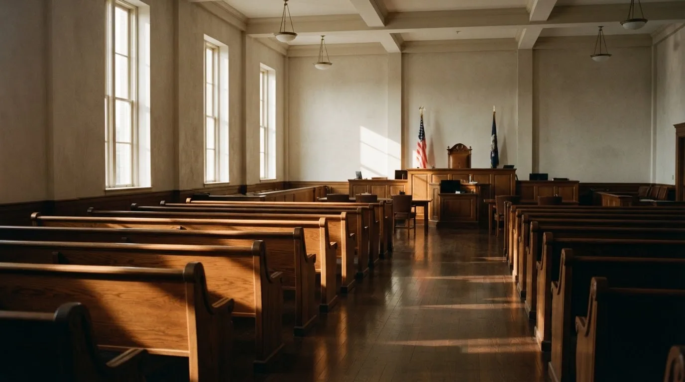 Een lege rechtszaal met houten banken in het ochtendlicht