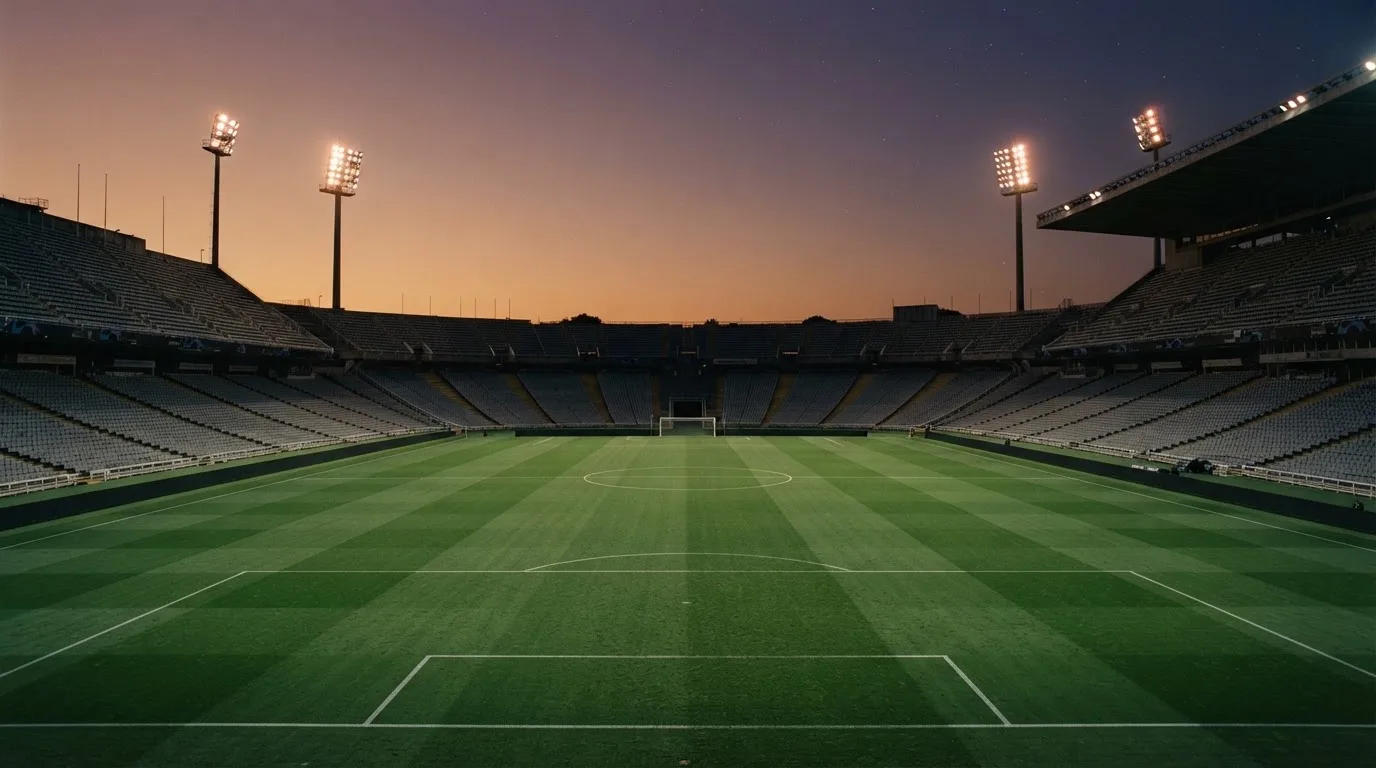 Een leeg voetbalstadion met lichtmasten bij schemering