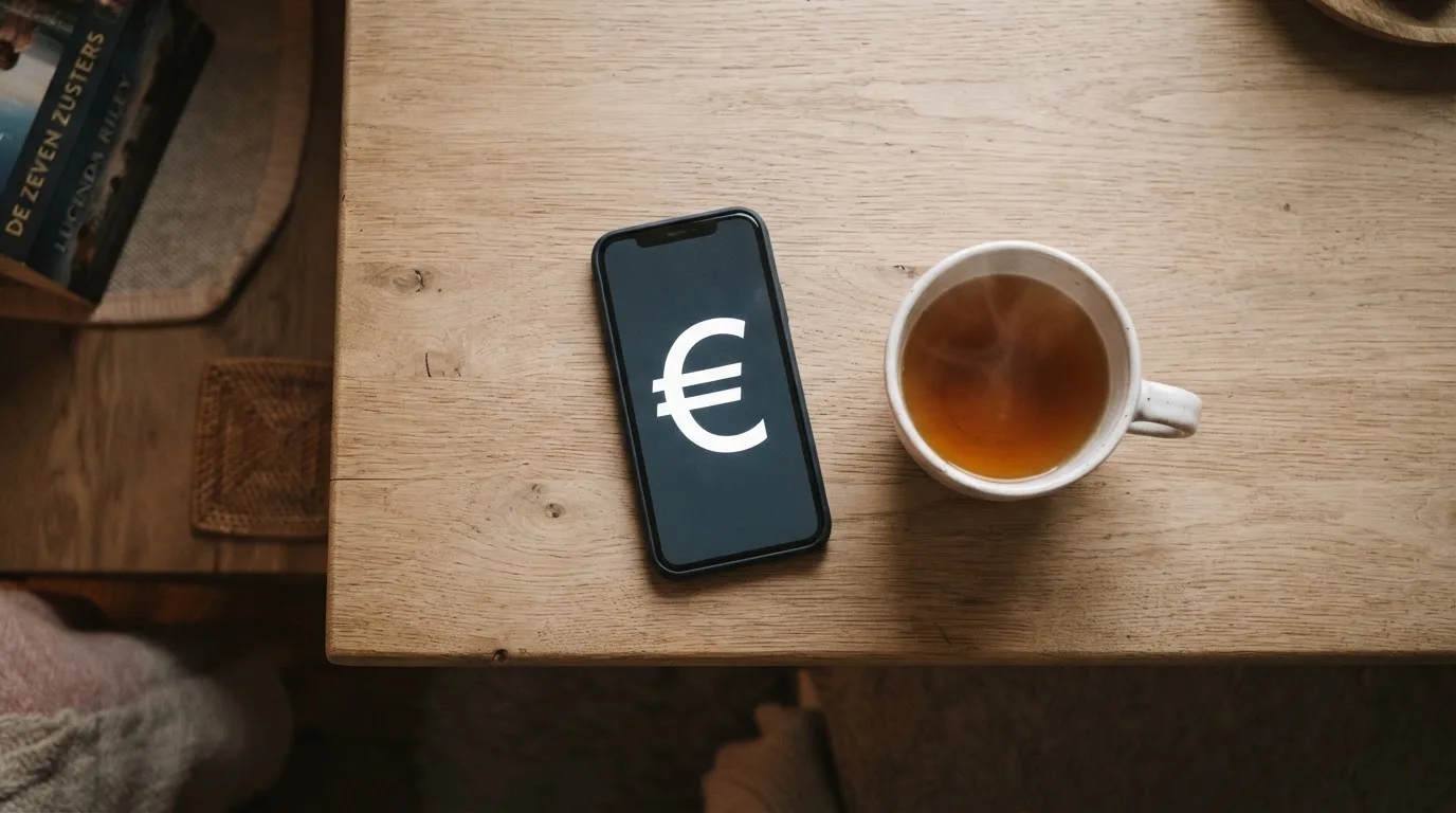 Een hand legt een smartphone naast een kopje thee op een keukentafel, een rustige avond
