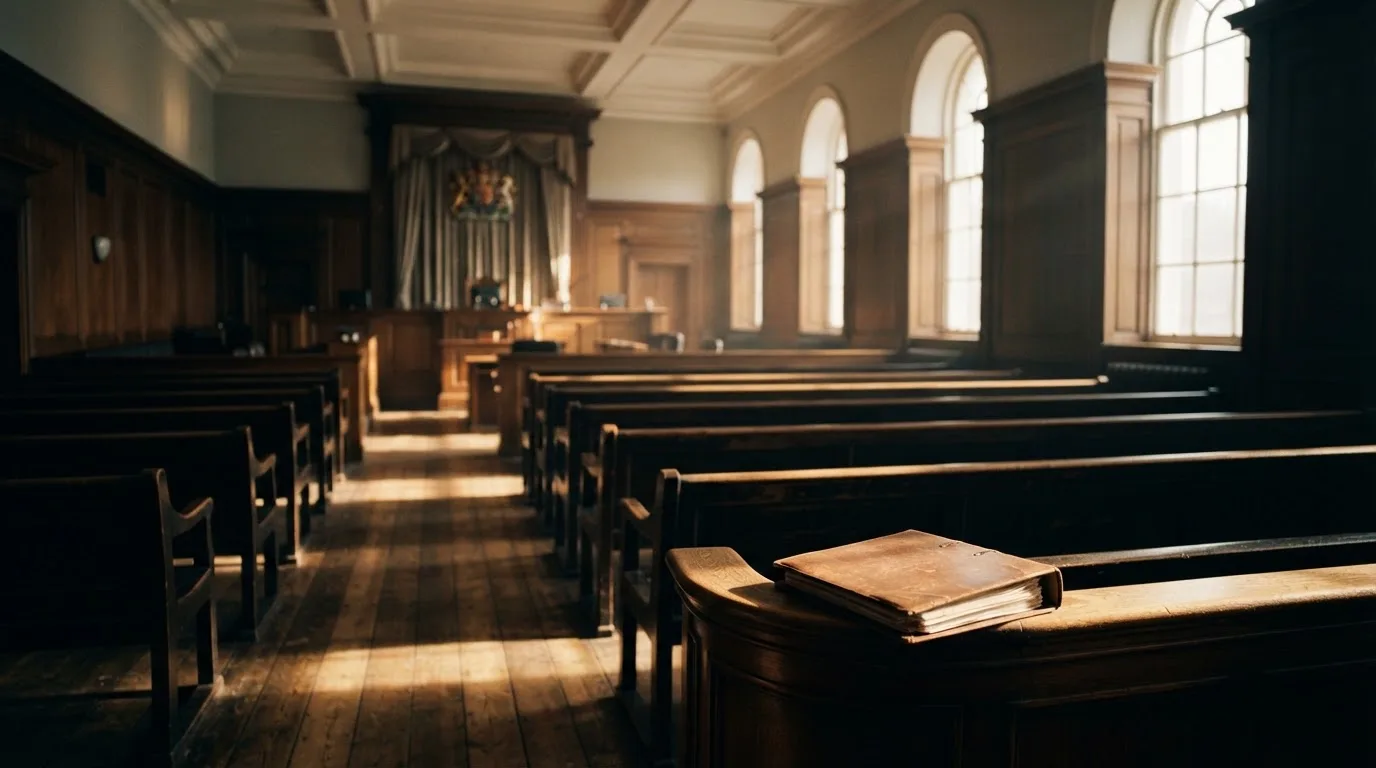 Een lege rechtszaal met houten banken in het ochtendlicht