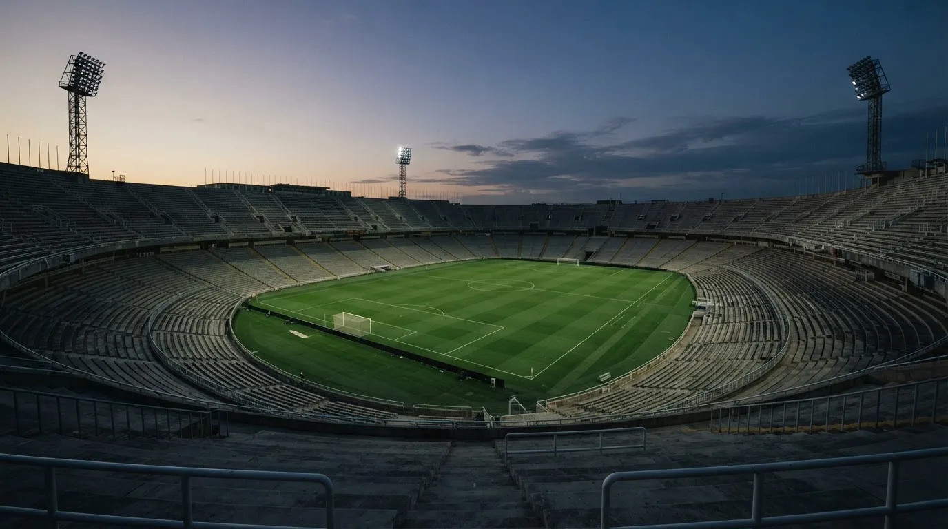 Een leeg voetbalstadion met lichtmasten bij schemering
