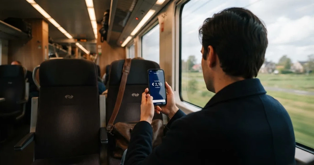 Een hand houdt een smartphone vast in de trein, het scherm van de camera afgewend