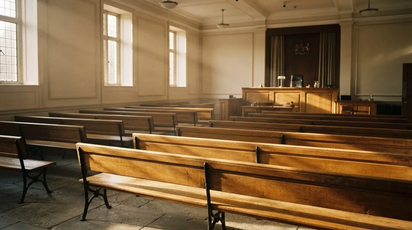 Een lege rechtszaal met houten banken in het ochtendlicht