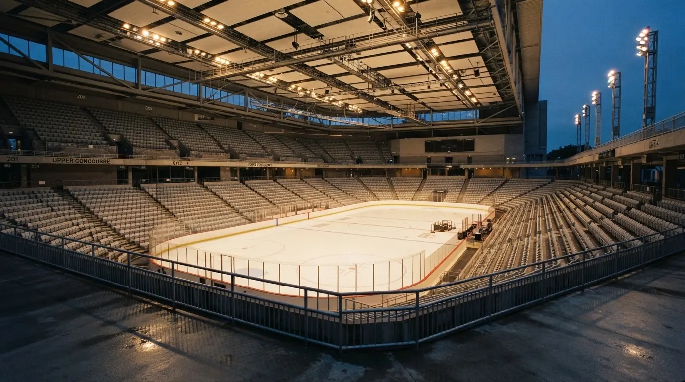 Een leeg voetbalstadion met lichtmasten bij schemering