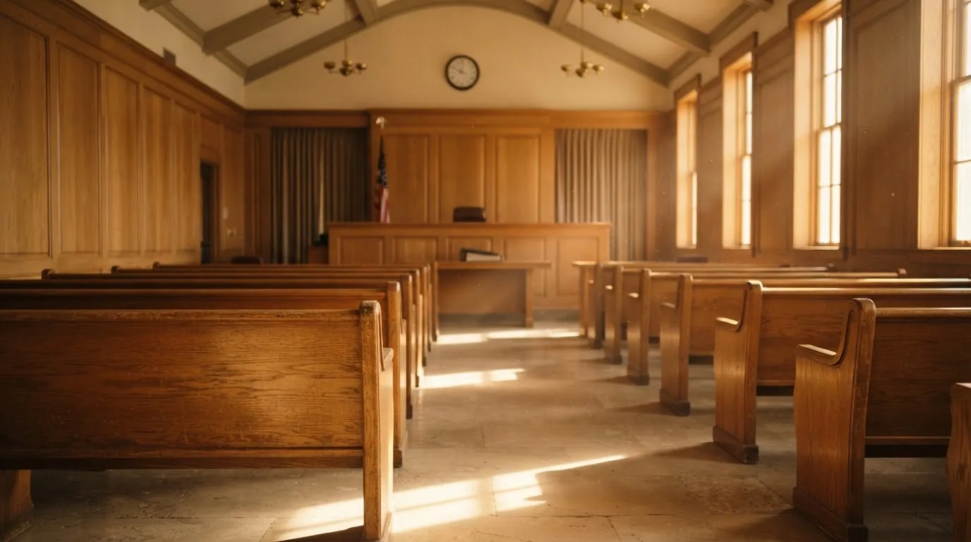 Een lege rechtszaal met houten banken in het ochtendlicht