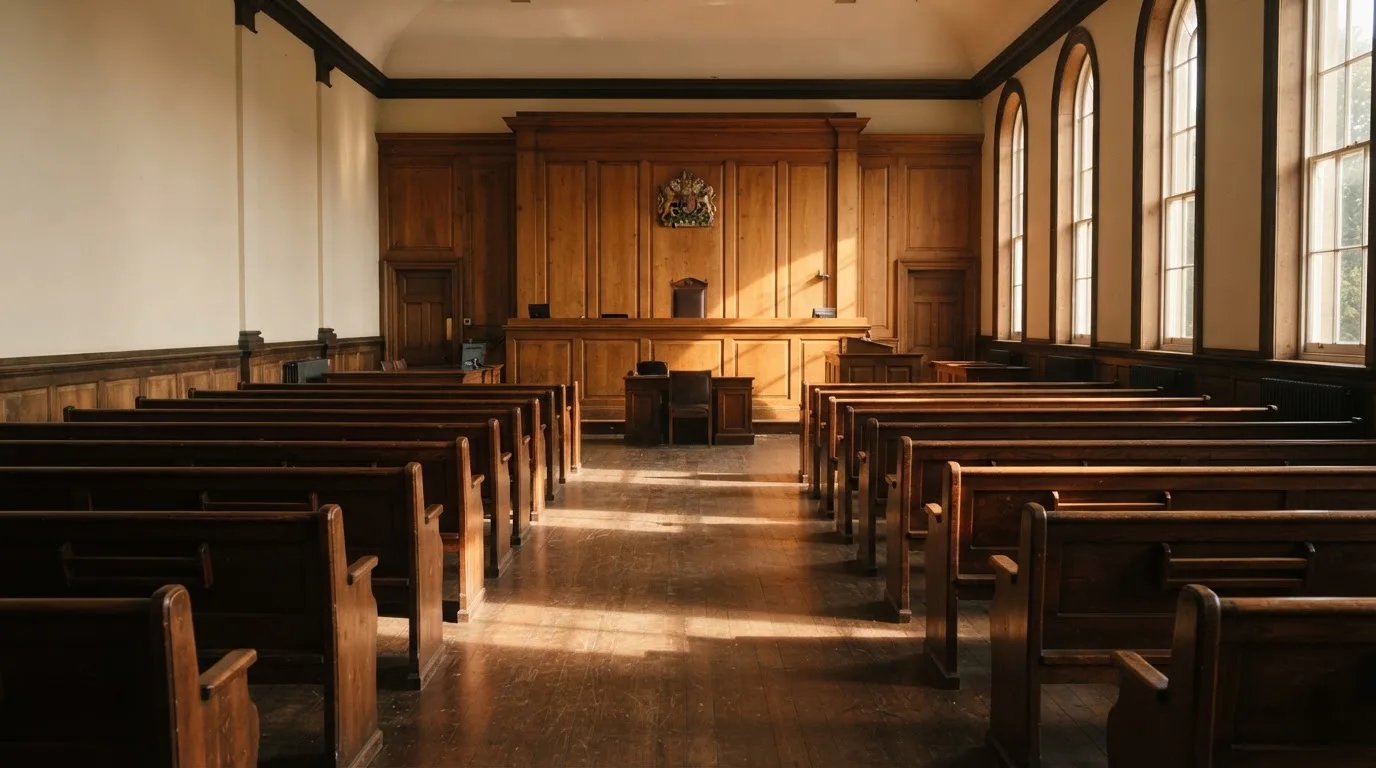 Een lege rechtszaal met houten banken in het ochtendlicht