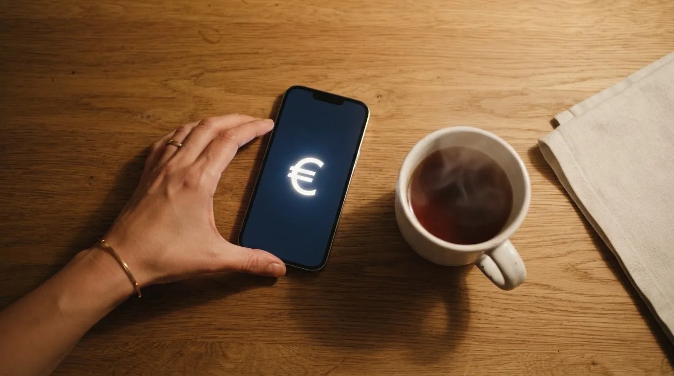 Een hand legt een smartphone naast een kopje thee op een keukentafel, een rustige avond