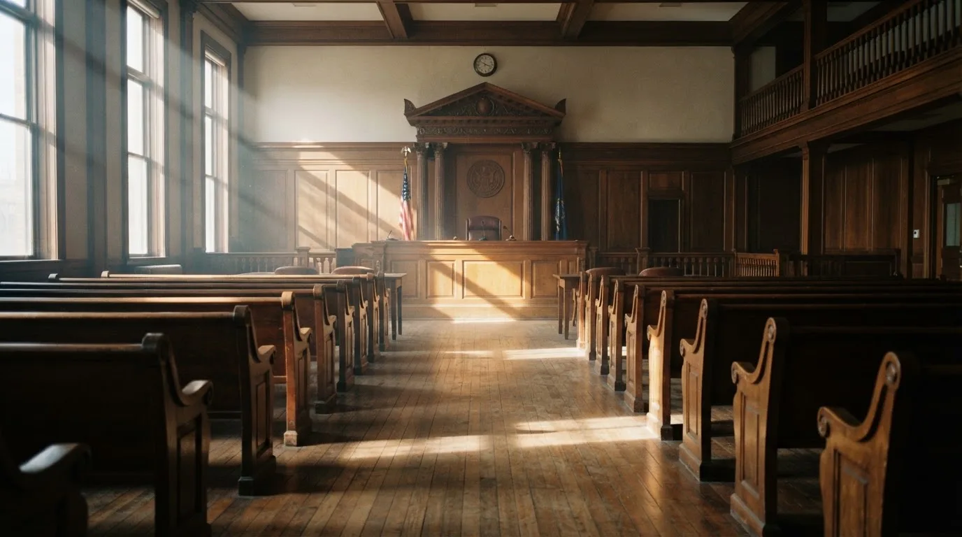 Een lege rechtszaal met houten banken in het ochtendlicht