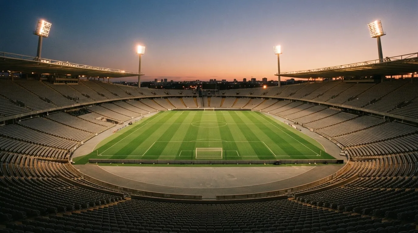Een leeg voetbalstadion met lichtmasten bij schemering