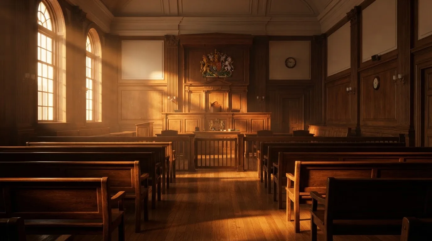 Een lege rechtszaal met houten banken in het ochtendlicht