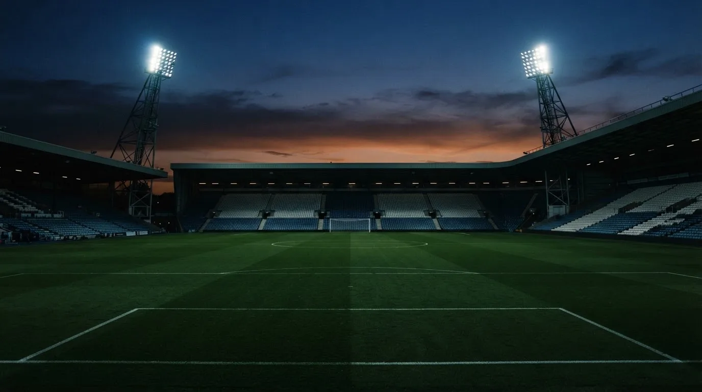 Een leeg voetbalstadion met lichtmasten bij schemering