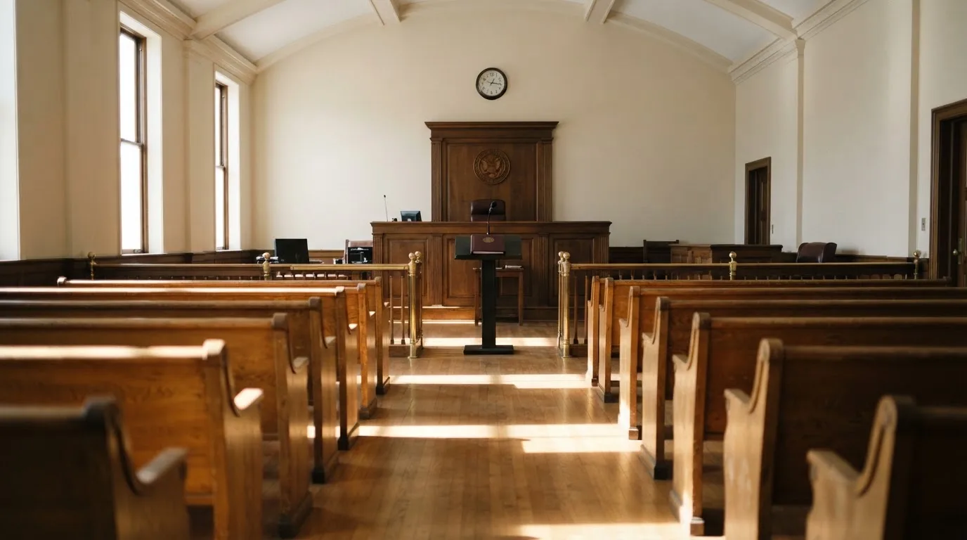 Een lege rechtszaal met houten banken in het ochtendlicht