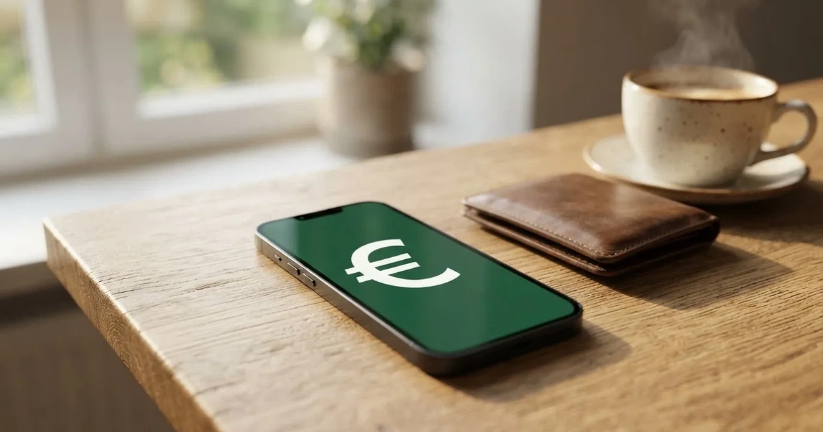 Een smartphone op een houten tafel naast een portemonnee en een kopje koffie