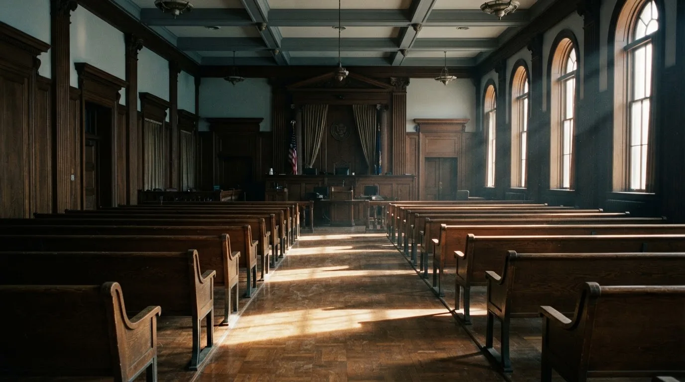 Een lege rechtszaal met houten banken in het ochtendlicht