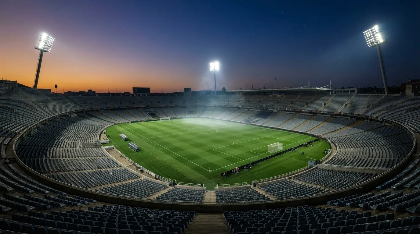 Een leeg voetbalstadion met lichtmasten bij schemering