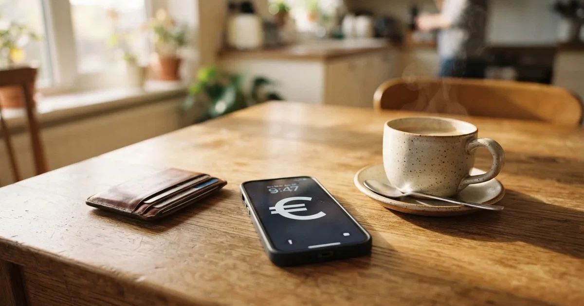 Een smartphone op een houten tafel naast een portemonnee en een kopje koffie