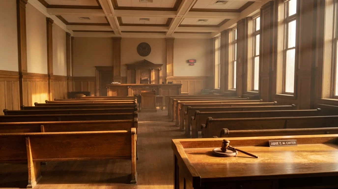 Een lege rechtszaal met houten banken in het ochtendlicht
