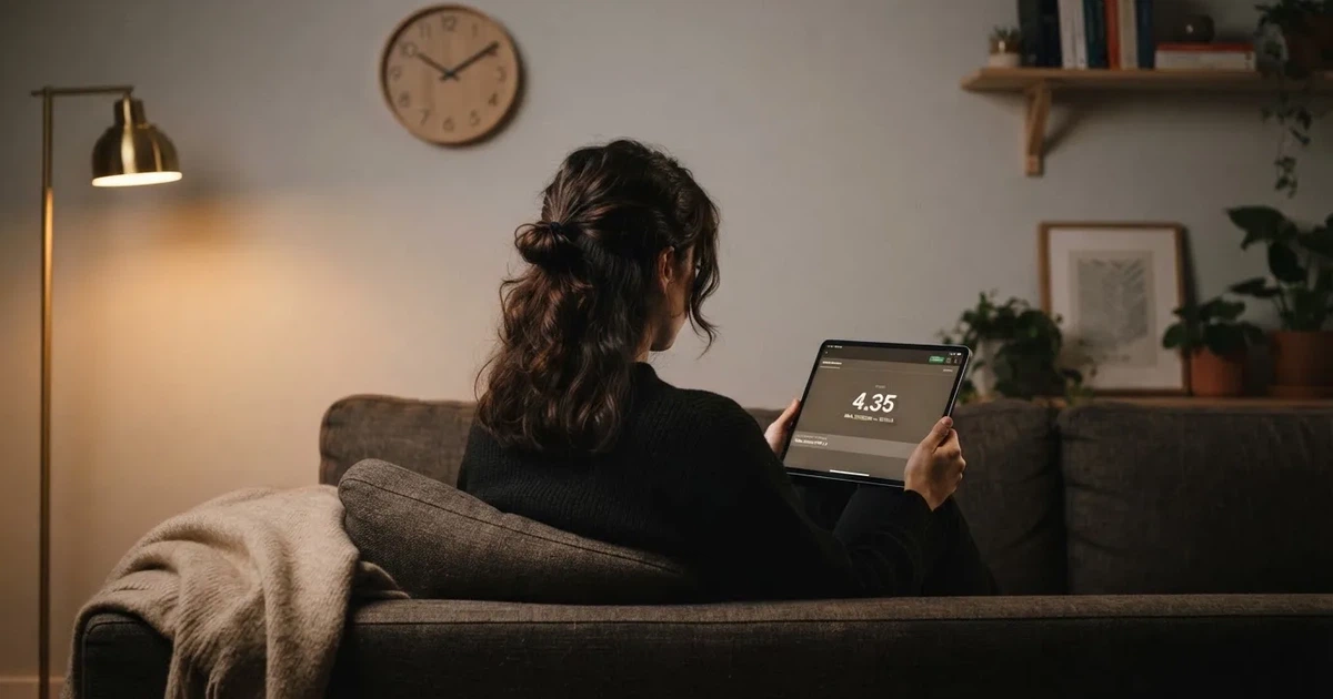 Een persoon op de bank kijkt peinzend naar een tablet, op de achtergrond een klok aan de muur