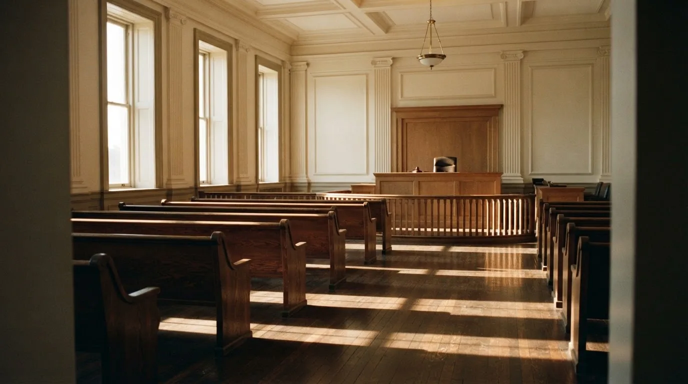 Een lege rechtszaal met houten banken in het ochtendlicht