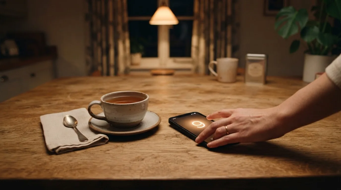 Een hand legt een smartphone naast een kopje thee op een keukentafel, een rustige avond