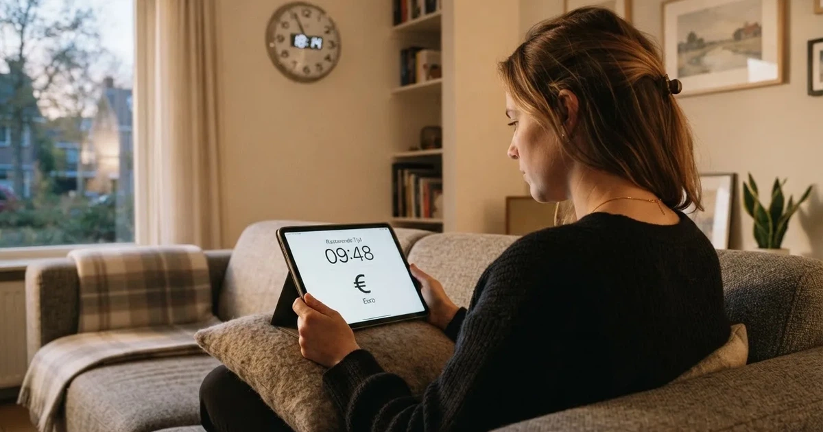 Een persoon op de bank kijkt peinzend naar een tablet, op de achtergrond een klok aan de muur