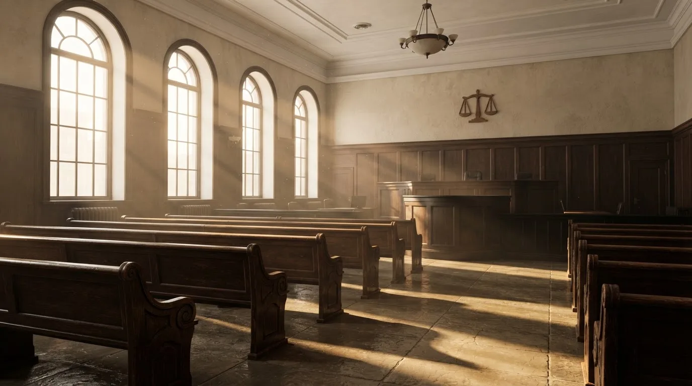 Een lege rechtszaal met houten banken in het ochtendlicht