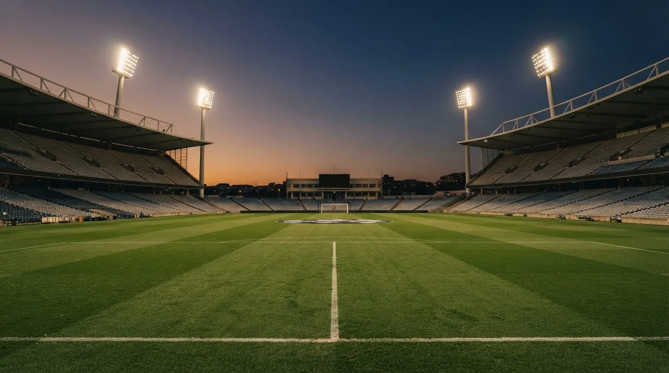 Een leeg voetbalstadion met lichtmasten bij schemering