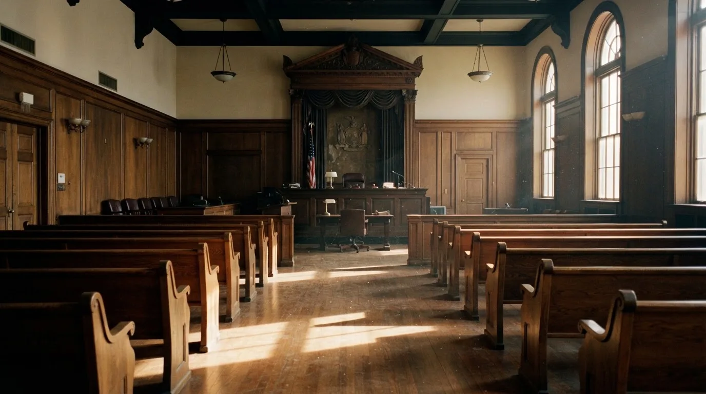 Een lege rechtszaal met houten banken in het ochtendlicht