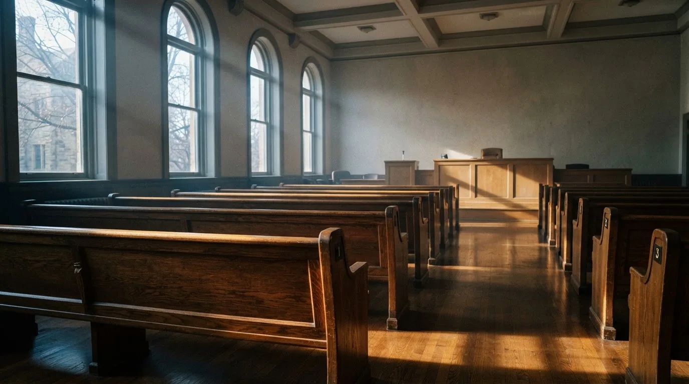Een lege rechtszaal met houten banken in het ochtendlicht