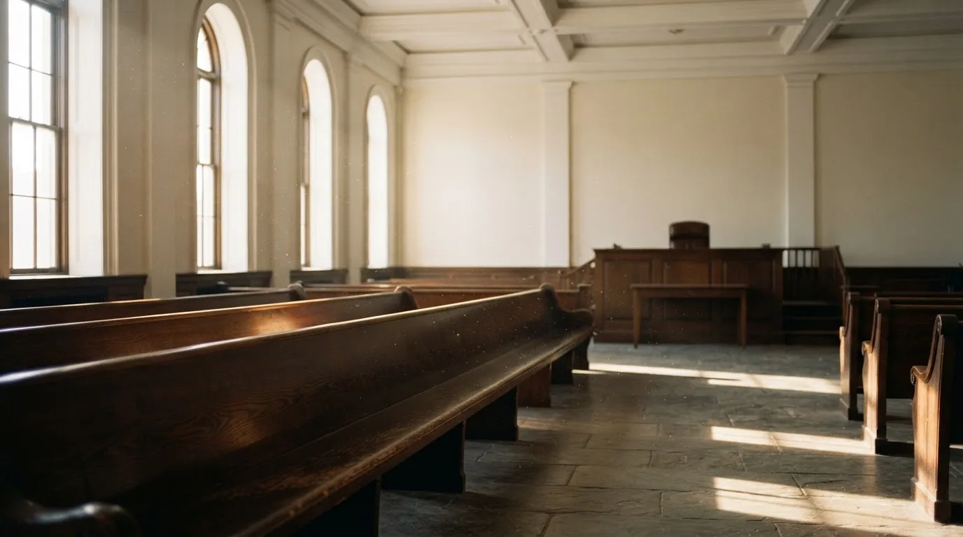 Een lege rechtszaal met houten banken in het ochtendlicht